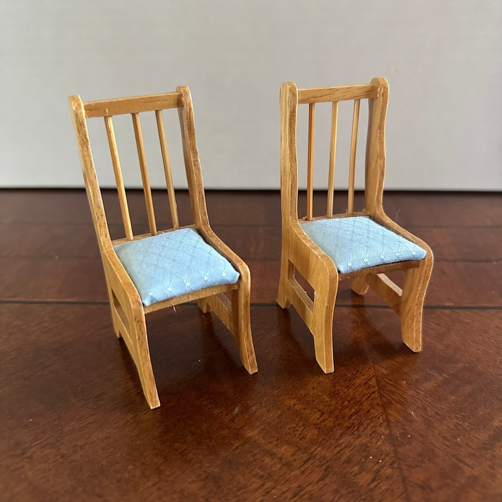 Vintage Dollhouse Miniature Wooden Dining Chairs Blue Upholstered Set of 2 1:12